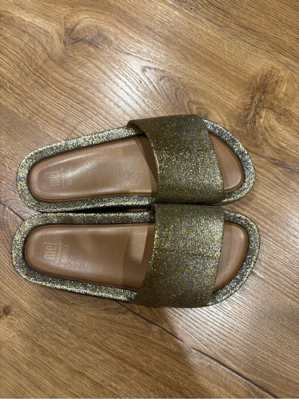 Mini Melissa Glitter Slide Sandals in Gold and Brown